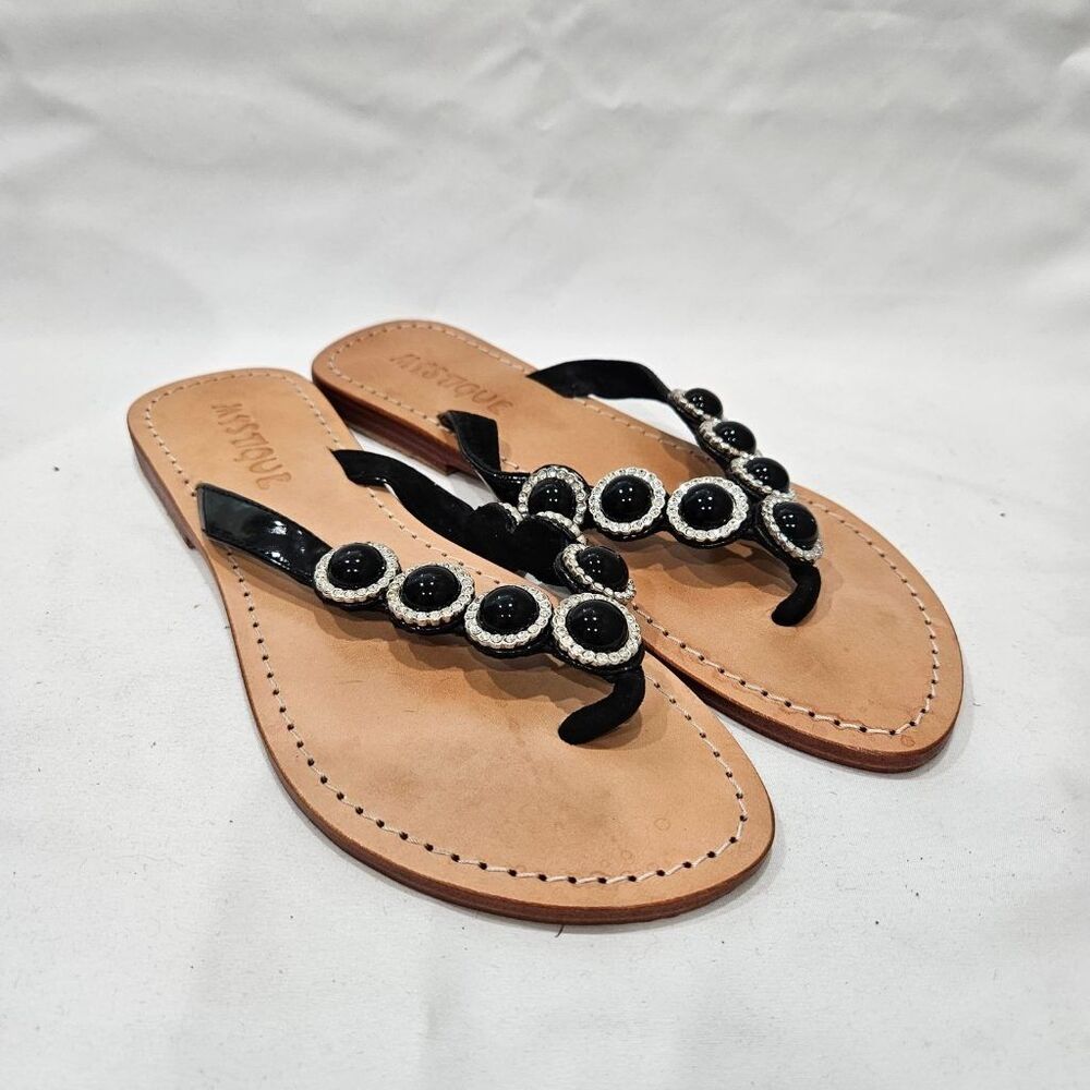 Mystique Black Onyx Rhinestone Jeweled Leather Thong Sandals Women's Size 8